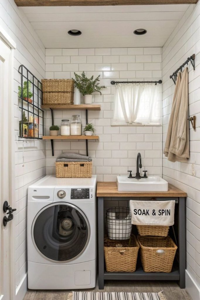 Milkglass jars calm neutral laundry nook.