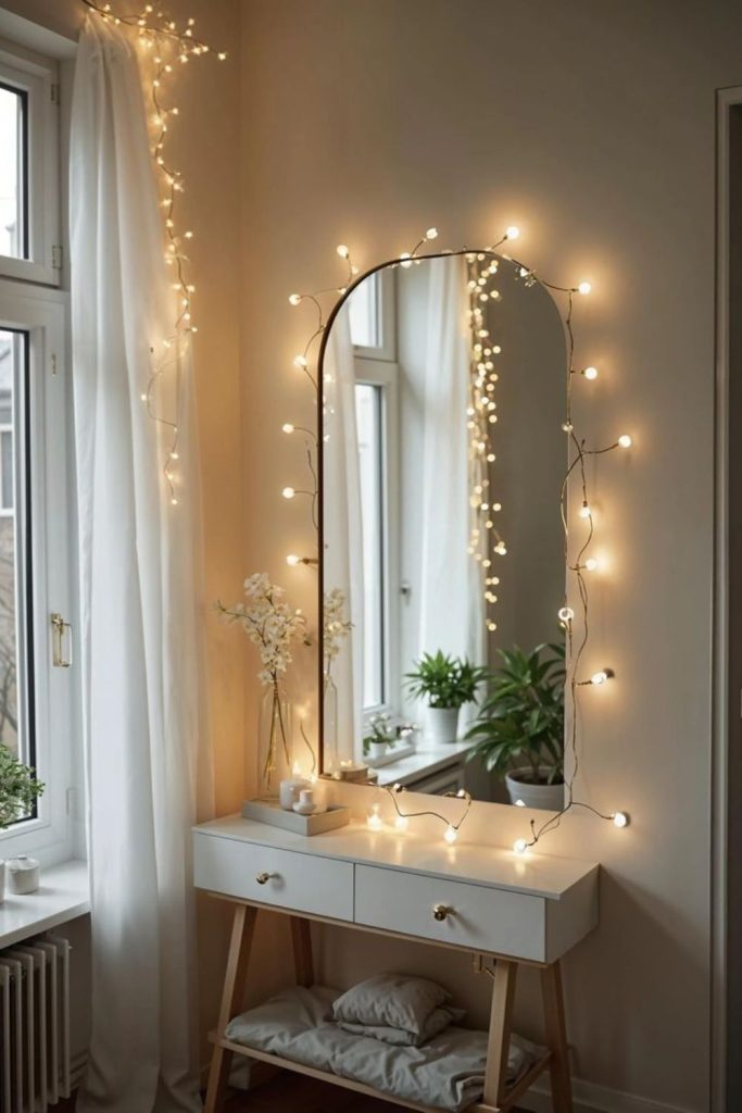 Minimalist dressing table with mirror and fairy lights.