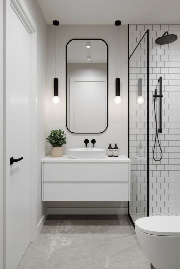 Modern white bathroom with matte fixtures.