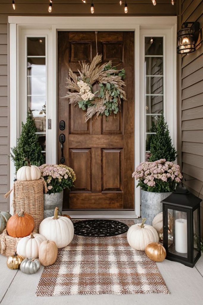 Minimalist porch with monochrome pumpkins.
