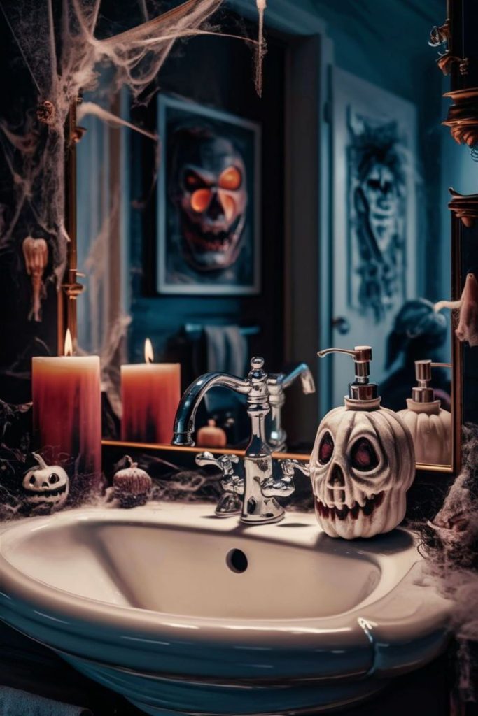 Spooky mirror vanity with skeleton and candles