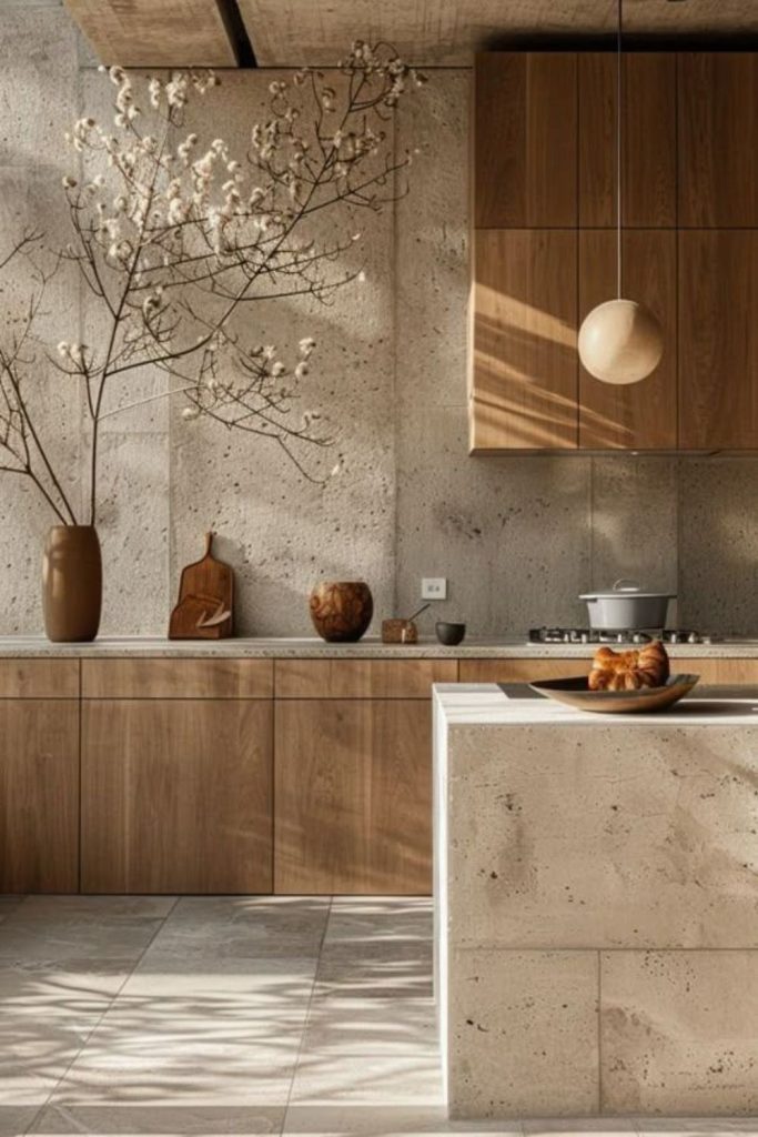 Scandinavian stone and wood soft kitchen.