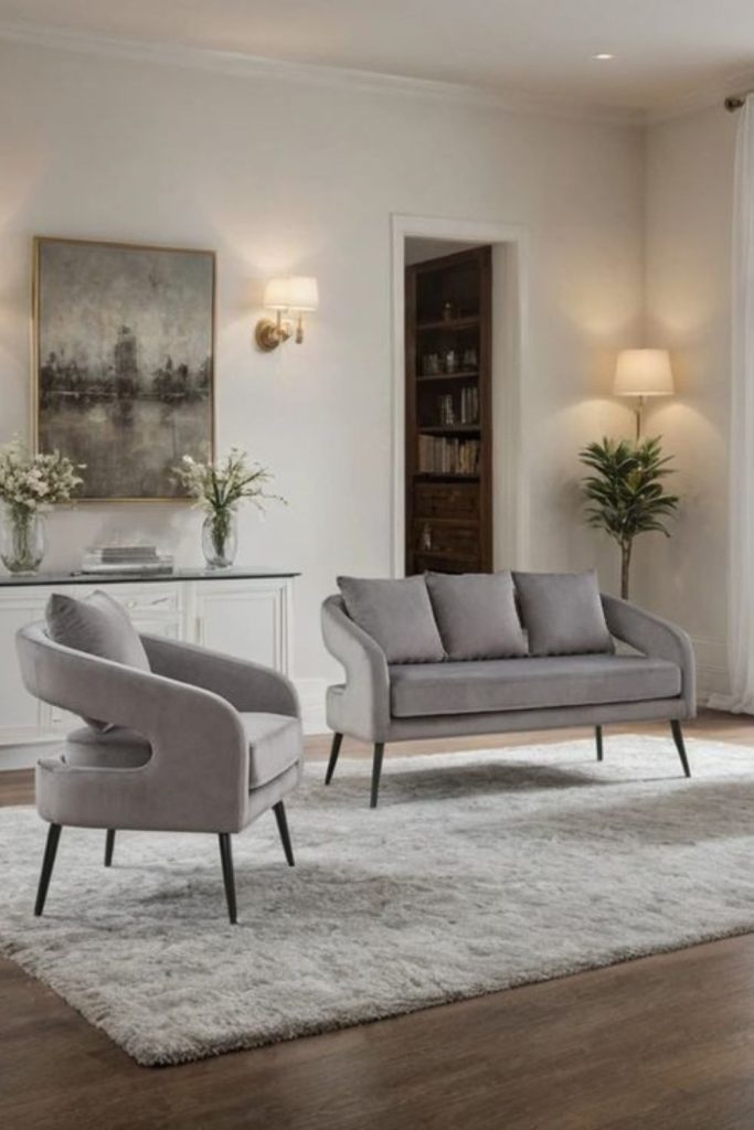 Misty gray lounge with velvet chairs.