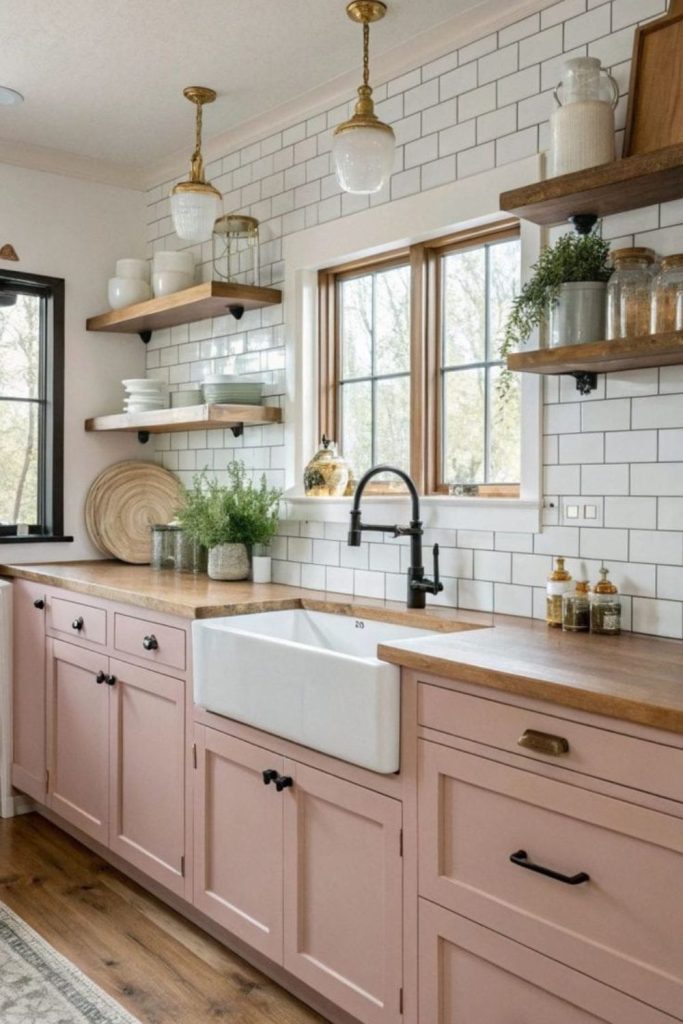 Mocha blush kitchen with oak floor.