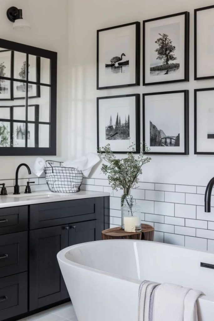 Artistic black and white gallery bathroom.