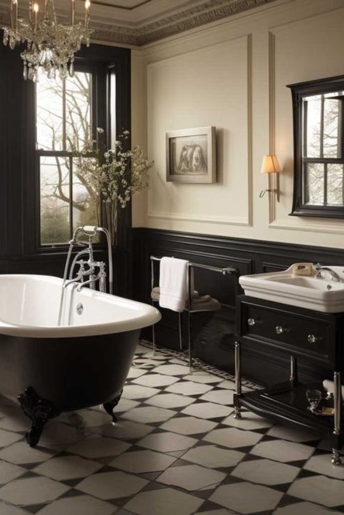 Elegant monochrome bathroom with vintage charm.