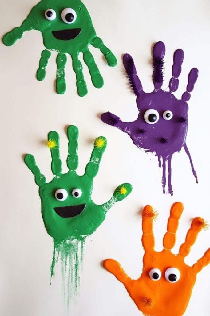 Colorful monster handprint art for kids.