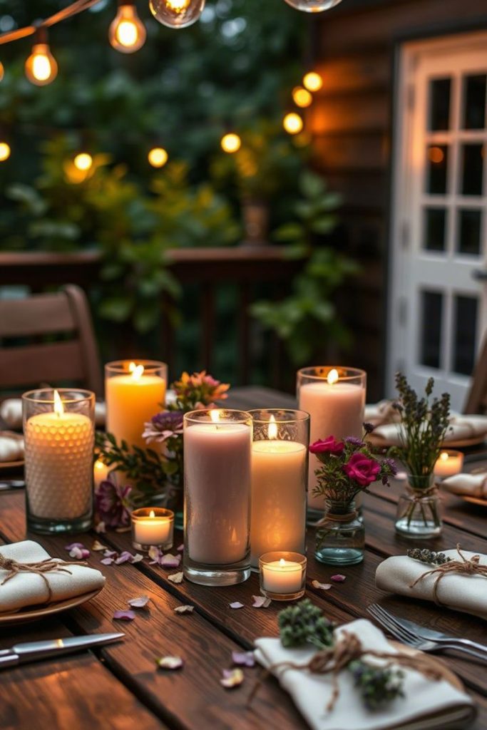 Moonlit meadow candlelight dinner setup.