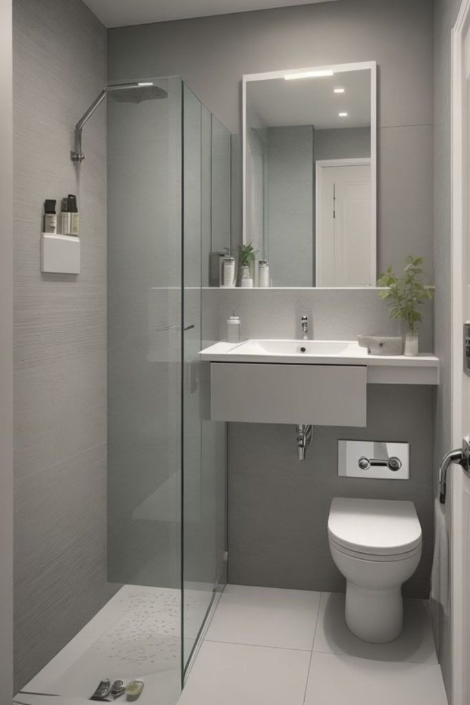 White moonlit porcelain tiny bathroom design.