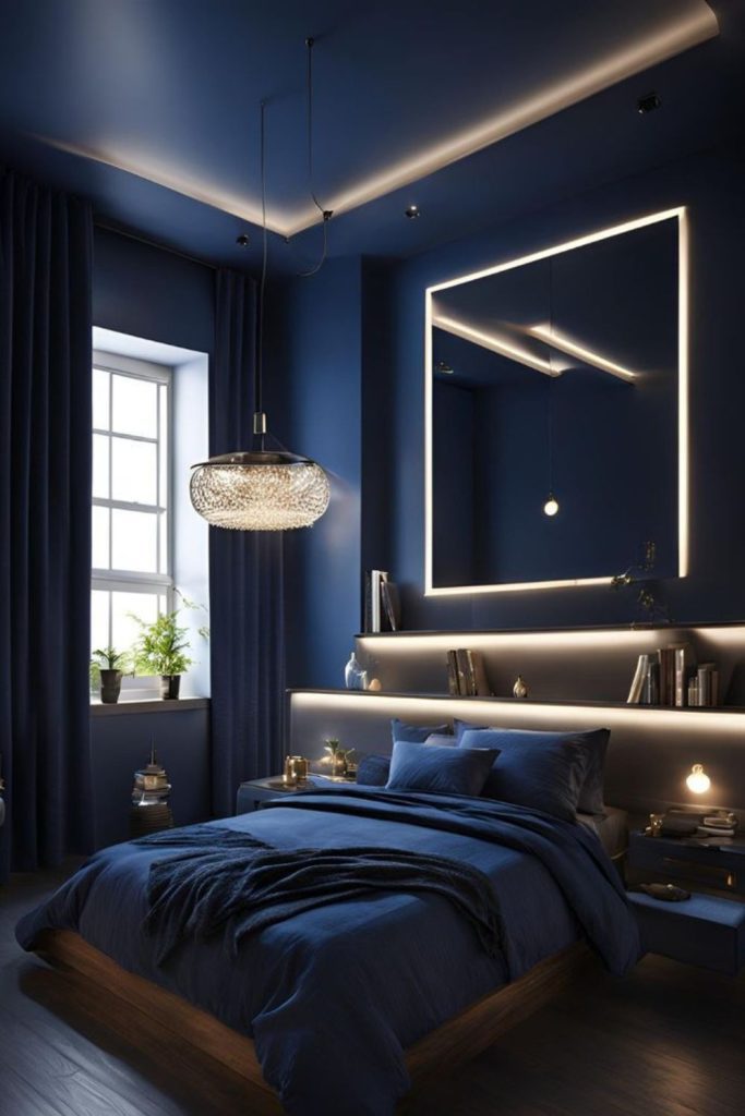 Dreamy velvet moonlit bedroom scene.