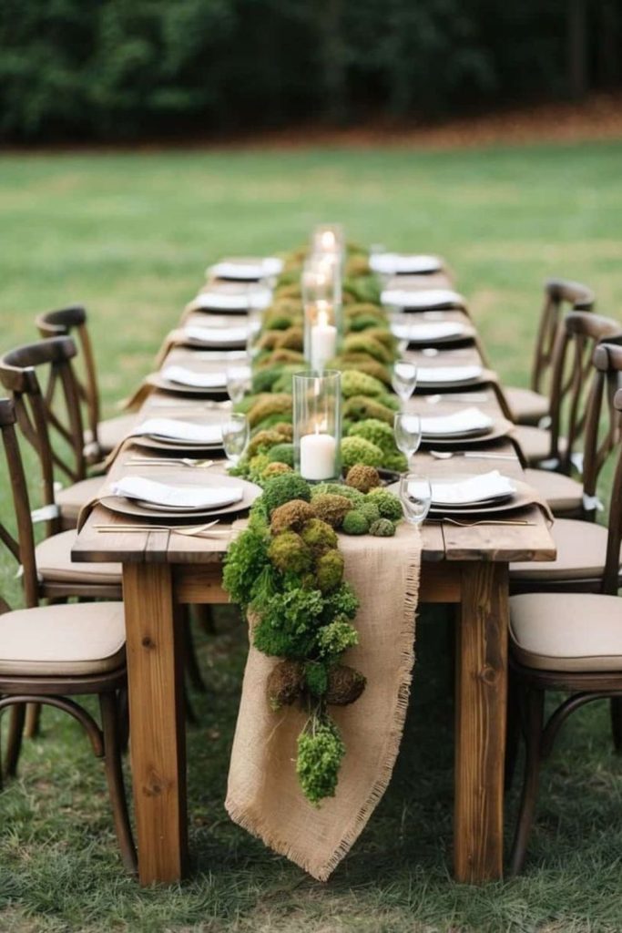 Moss-inspired forest table with candles.