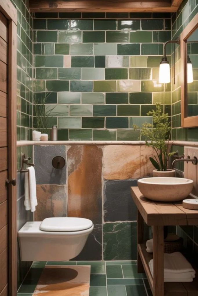 Green moss stone natural tiny bathroom.