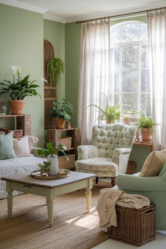 Mossy cottage living room with ivy decor.