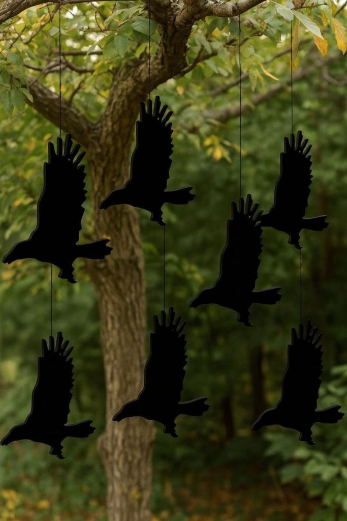Fake crows hanging for spooky effect
