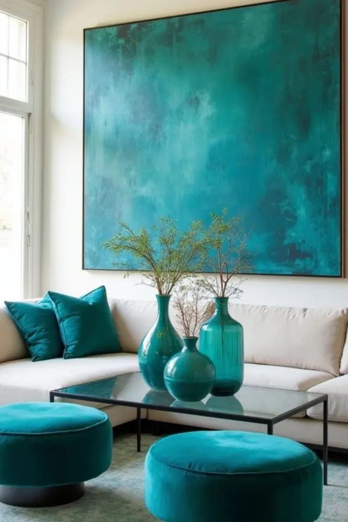 Teal ocean-inspired tranquil living design.