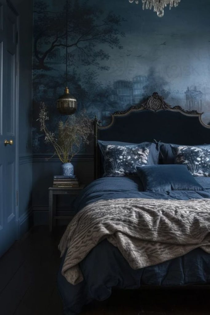 Blue silk moody romantic bedroom.
