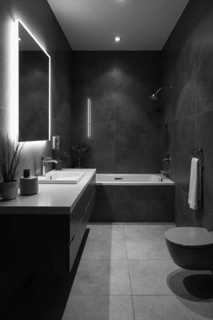 Minimal black and white luxury bathroom.