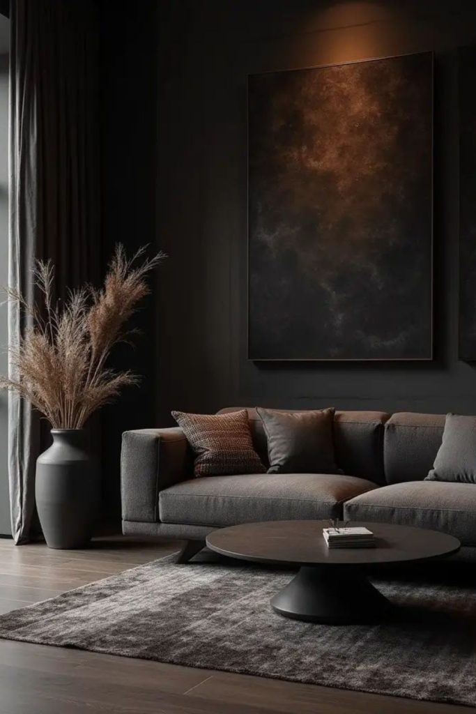 Dark charcoal minimalist luxury living space.