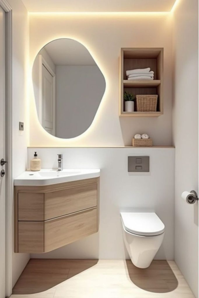 Scandinavian light wood minimalist small bathroom.