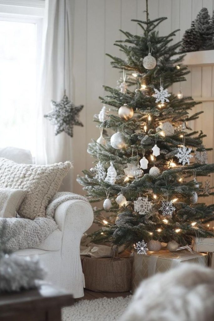 Nordic white snowy minimalist Christmas interior