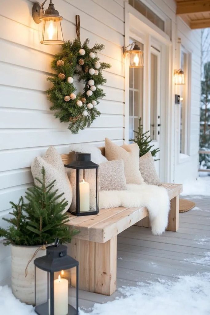 Nordic-inspired snowy white porch setting.