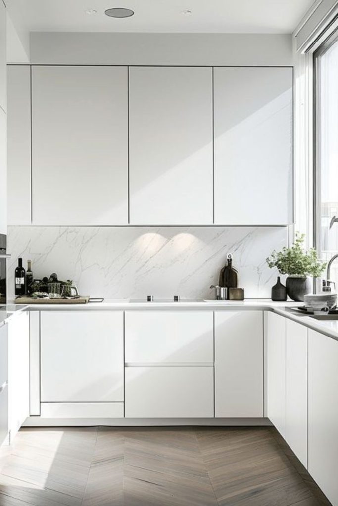 Minimal white Nordic kitchen design elegance.