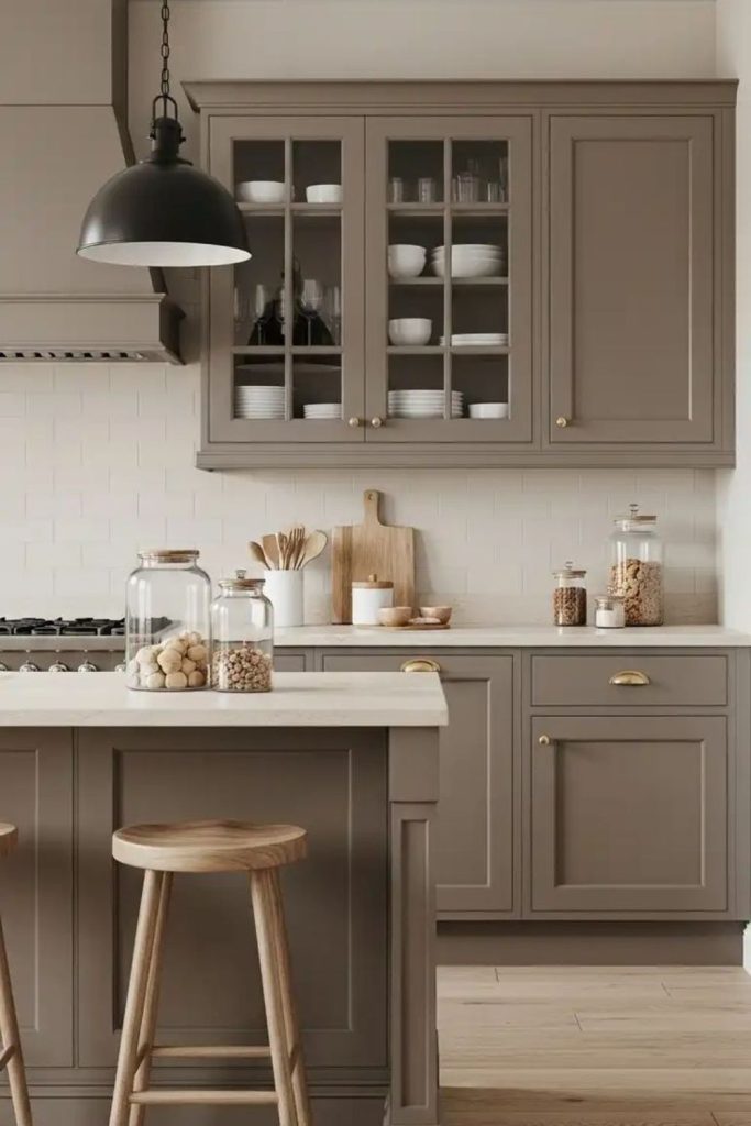 Oat-toned kitchen with bronze touches.