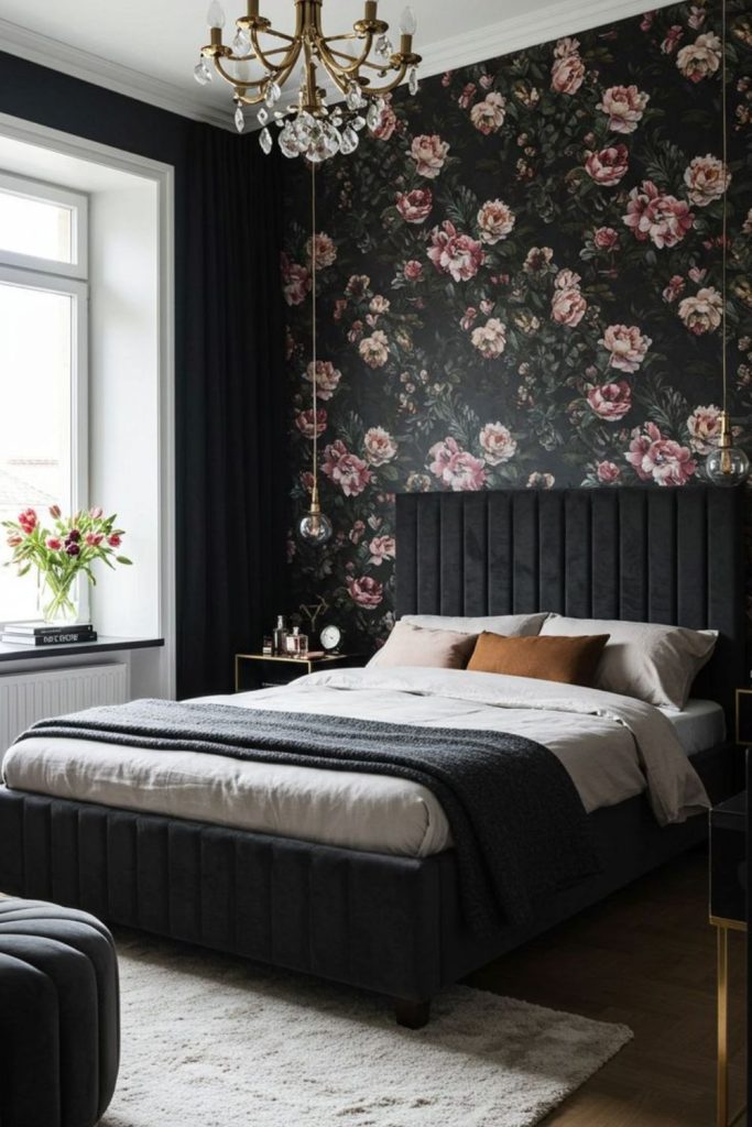 Dark floral moody romantic interior.