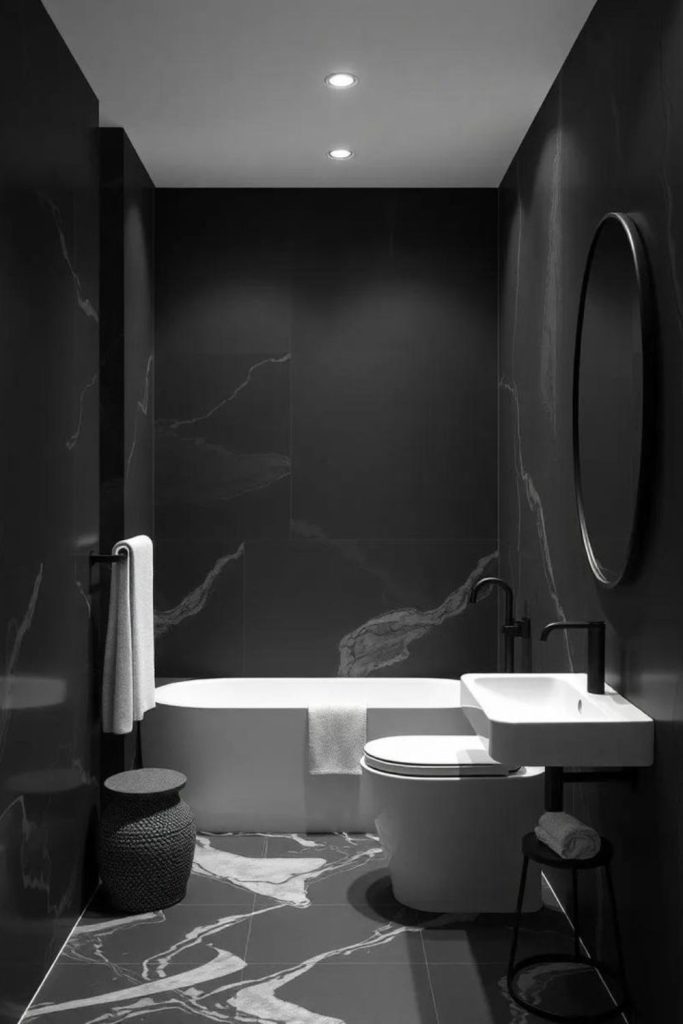 Sleek obsidian bathroom with porcelain contrast.