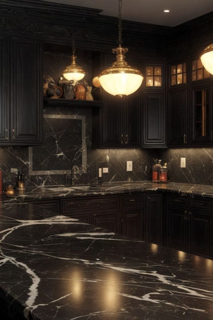Black marble sleek obsidian modern kitchen.
