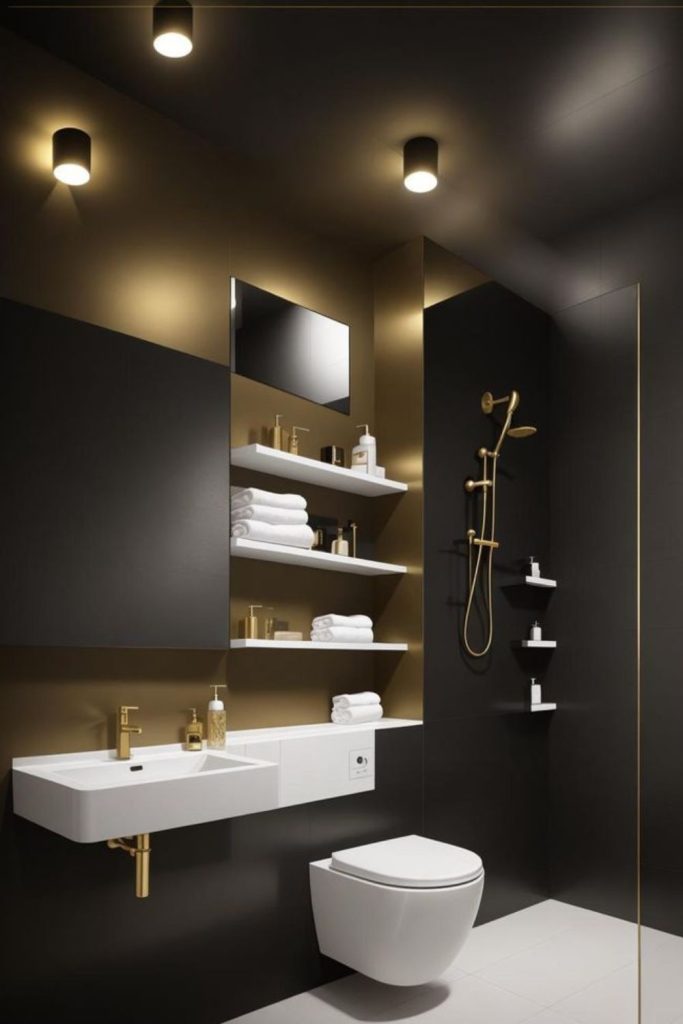 Black gold luxurious tiny bathroom style.