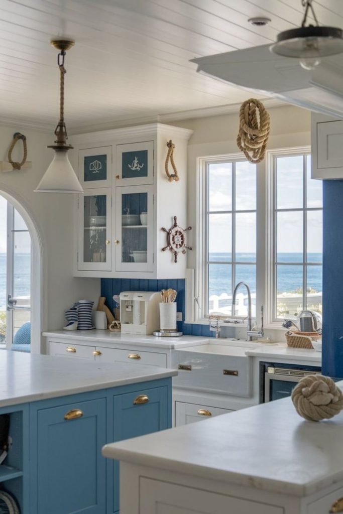 Ocean blue kitchen with coastal design.