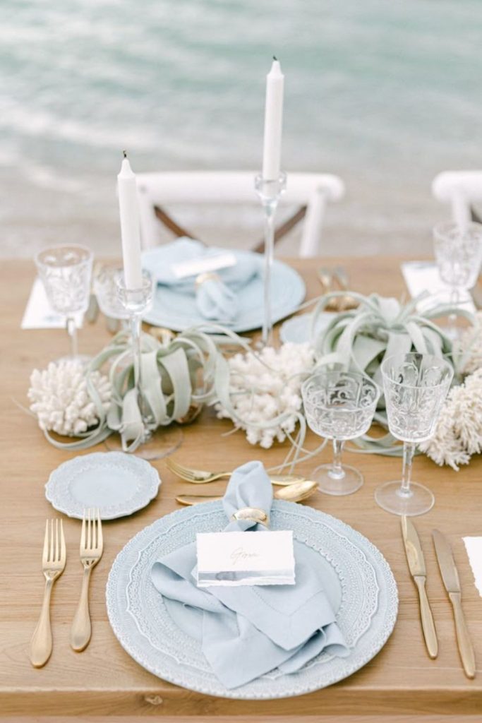 Ocean mist seaside driftwood tablescape.