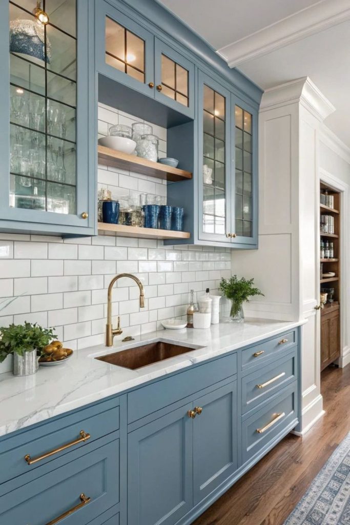 Ocean-inspired blue modern kitchen space.