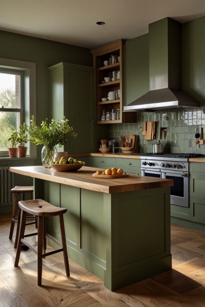 Olive-green countryside inspired calm kitchen.