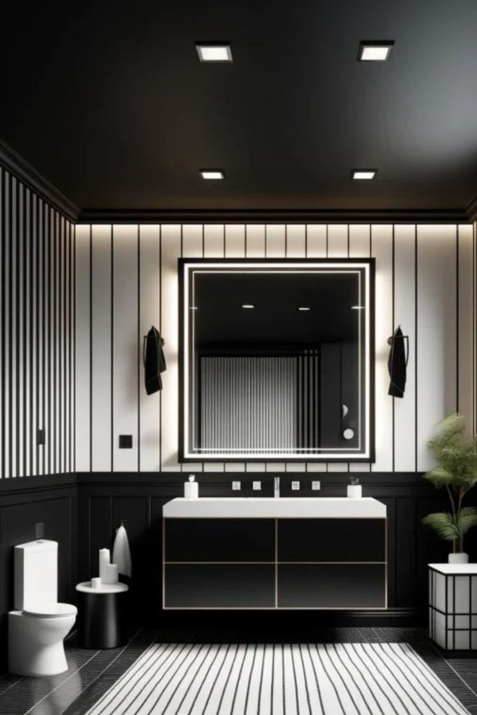 Shiny onyx luxury bathroom with mirrors.