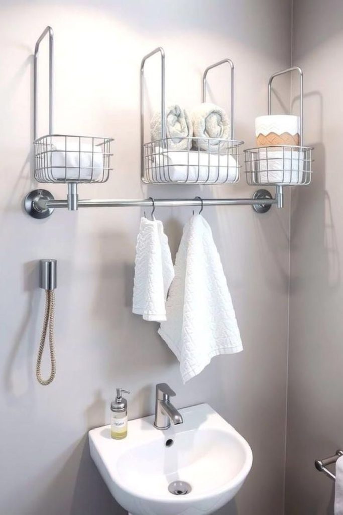 Over-basin hanging rod with hooks.