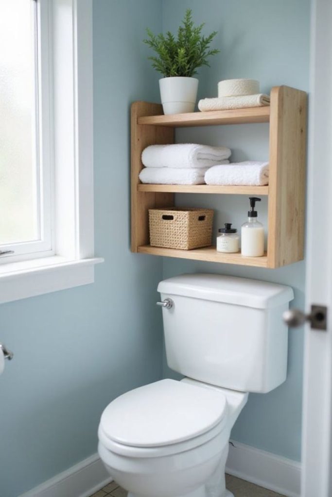 Over-the-toilet horizontal storage shelves.