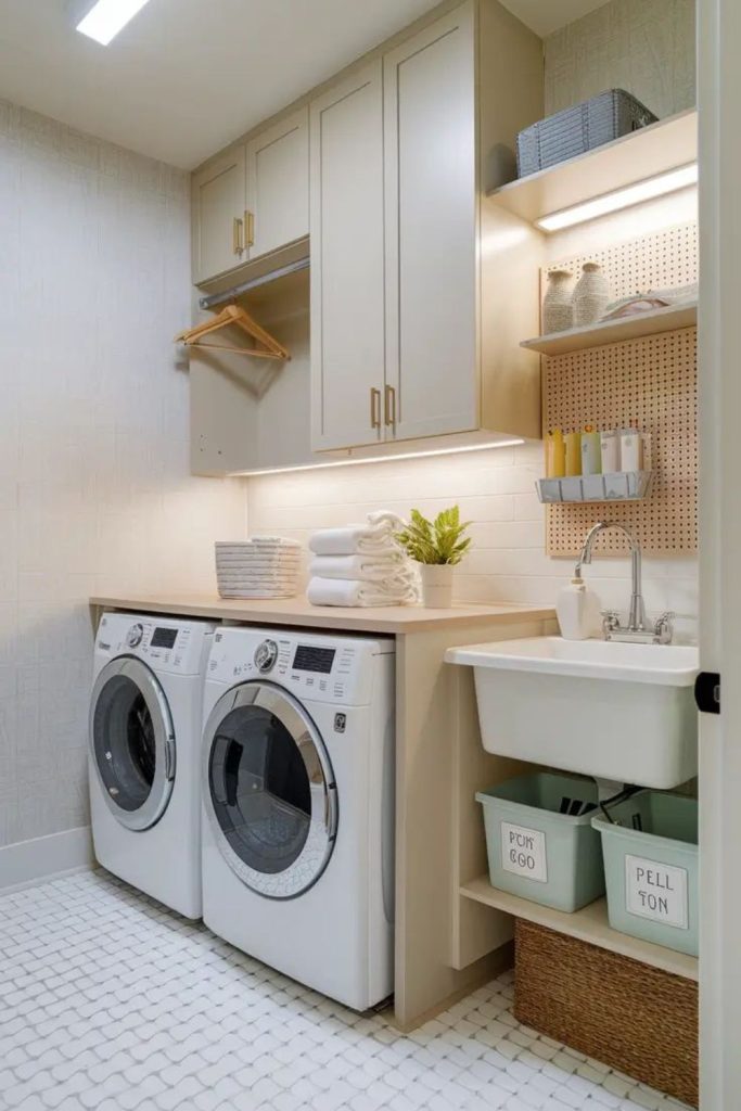 Warm buttercup small laundry utility area.