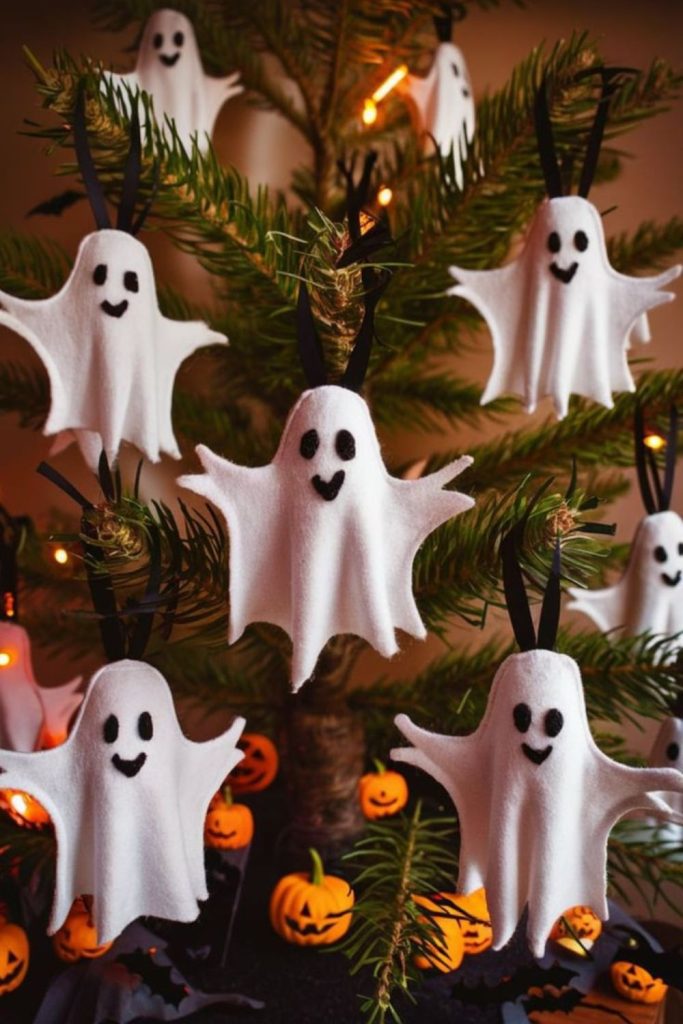 Paper ghost mobiles hanging from branches.