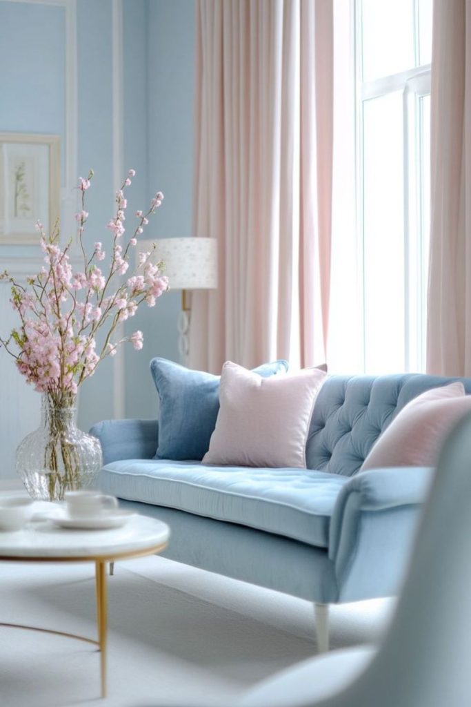 Pastel-hued dreamy light-toned living room.