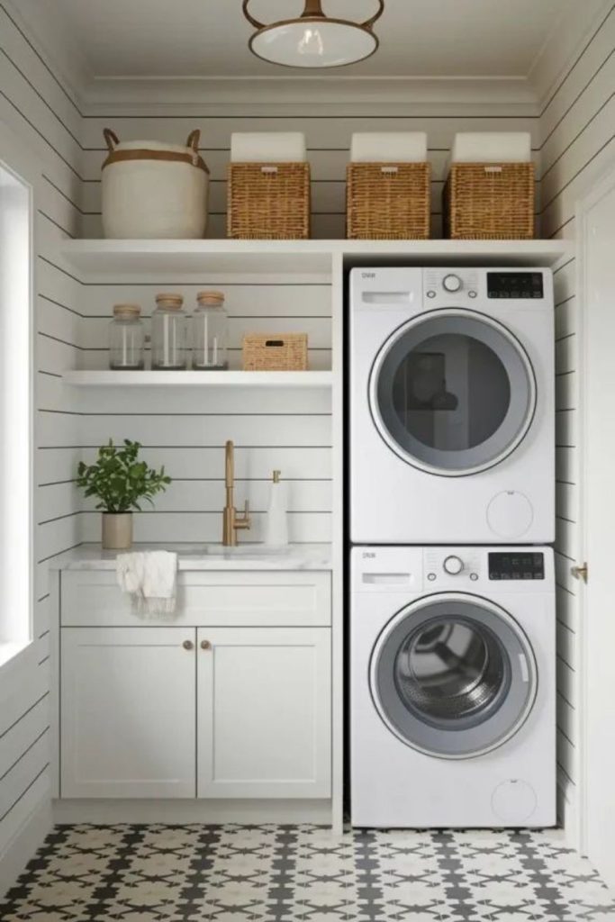 Muted gray compact laundry design.