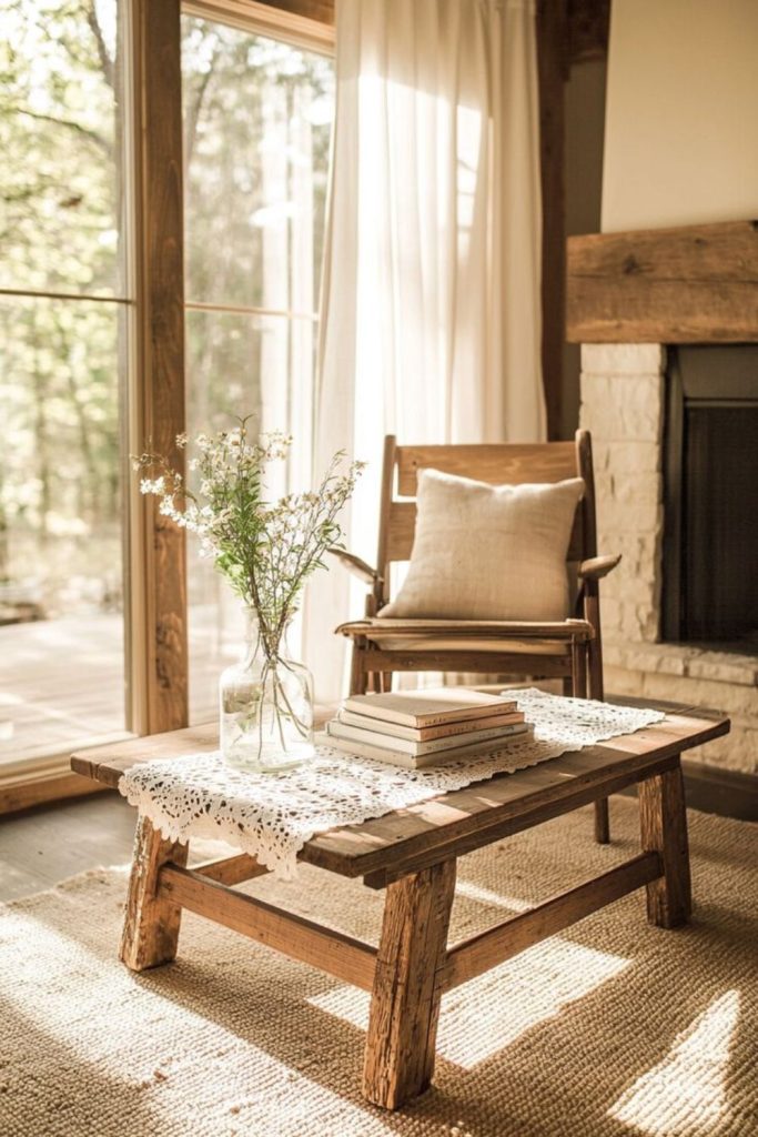 Pebble floor parlor with glass jars.