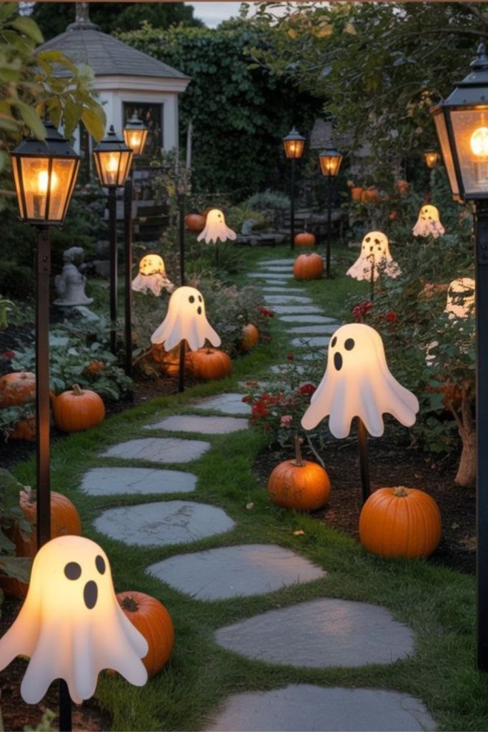 Glowing lantern path with eerie shadows