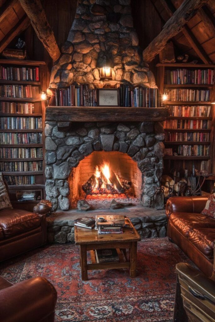 Pine-scented rustic cabin hearth interior.
