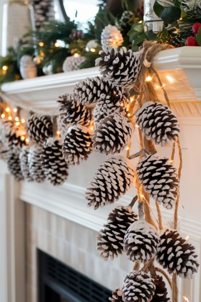 Pinecone garland with frosty shimmer.