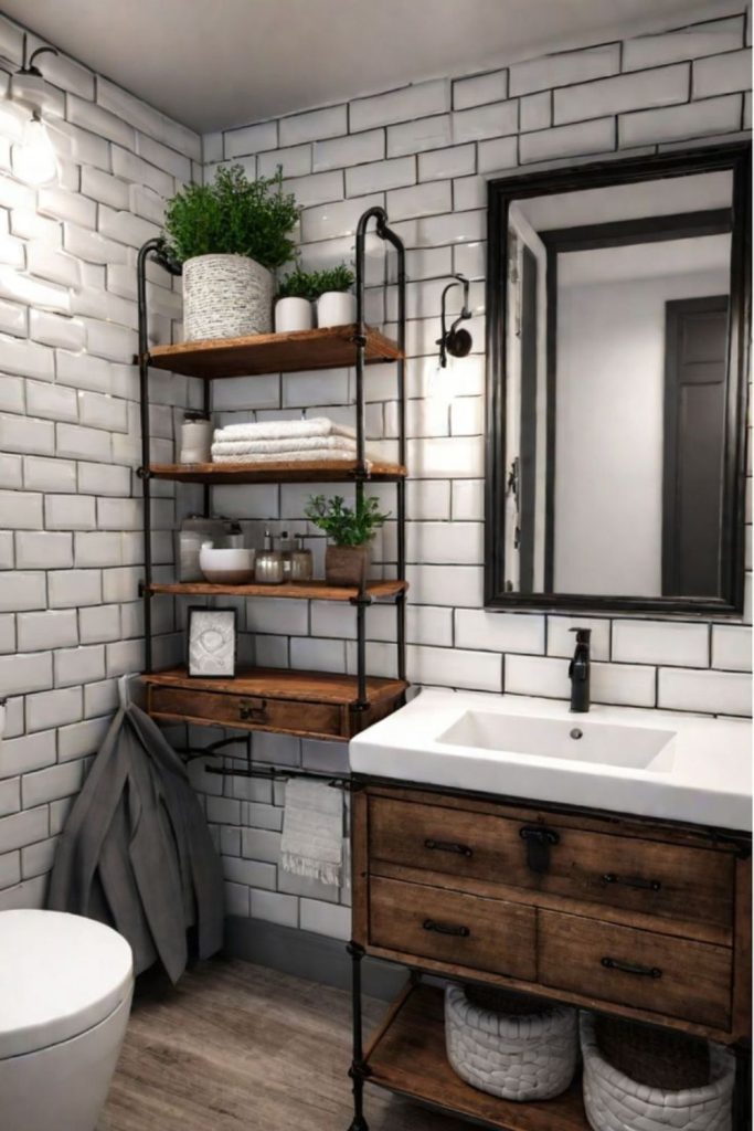 Industrial pipe shelves with wood planks.