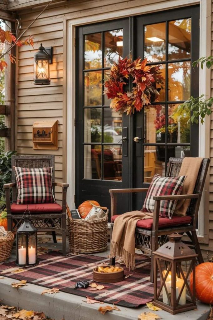 Plaid-themed porch with autumn charm. 