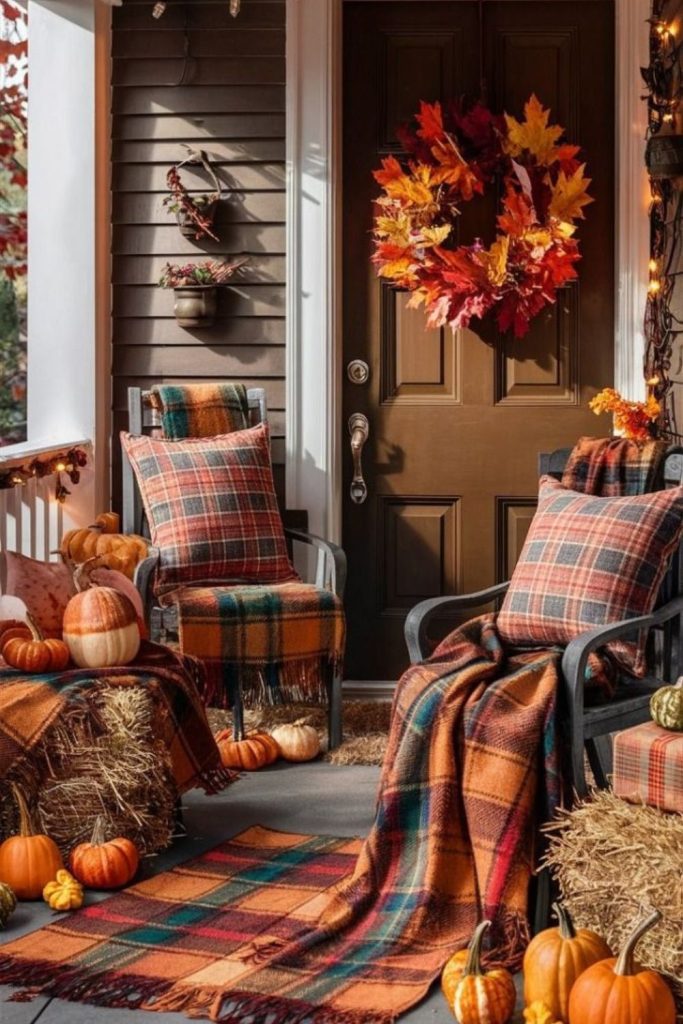 Plaid-themed porch with autumn charm.