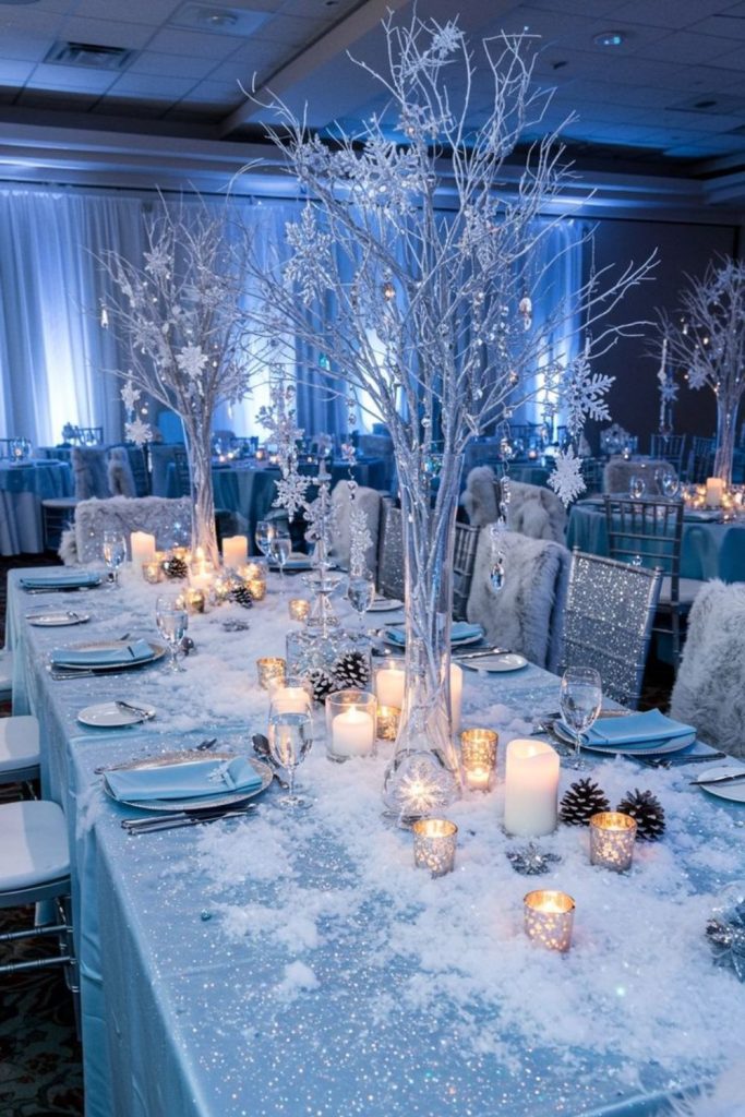 White pearl-inspired frosty winter tablescape.